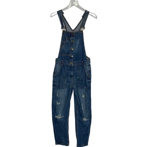 Zara XS Womens Distressed Denim Bib Overalls Slouchy Western Blue - Picture 1 of 11